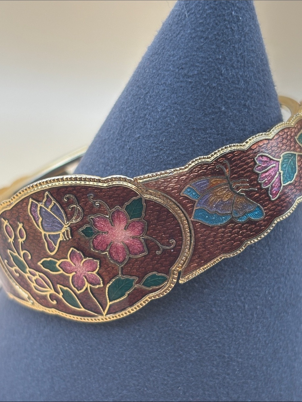 Gold-Tone Floral Cloisonné Hinged Bracelet in Brown Pink and Green - Picture 6 of 17